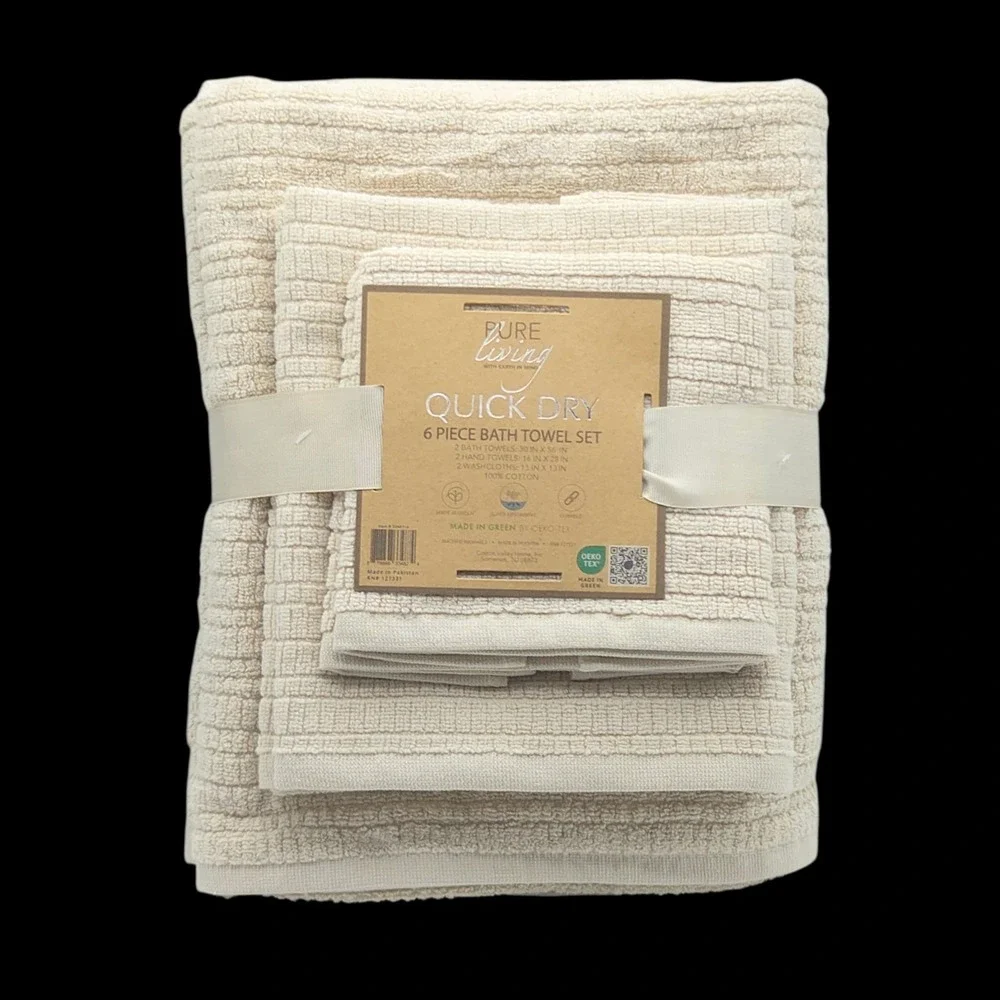 Pure Living 6pc Ecru Raised Cotton Bath Towel Set 2 Bath 2 Hand 2 Washcloths